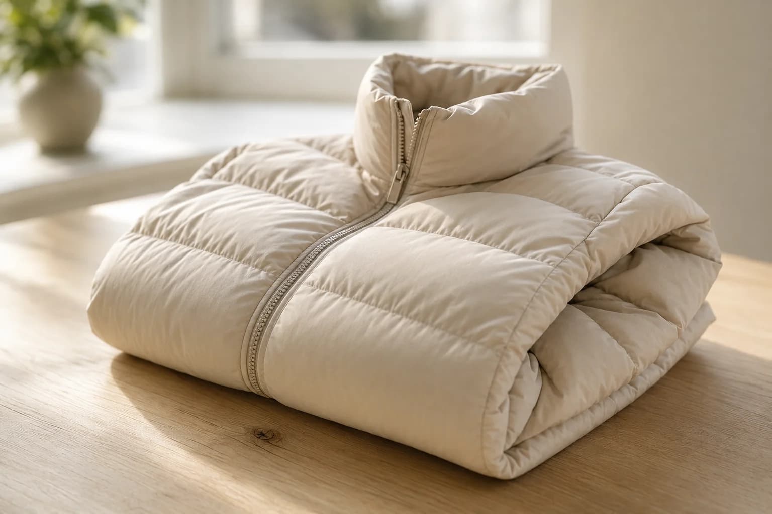 Gefaltete beige Daunenjacke mit Steppnaht und Reissverschluss