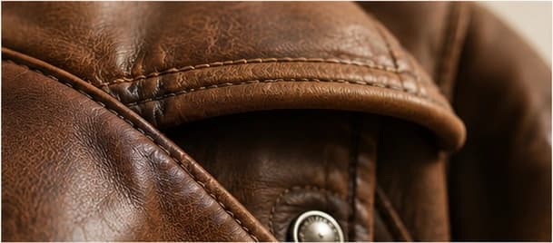 Detail einer Lederjacke mit warmem Karamellton