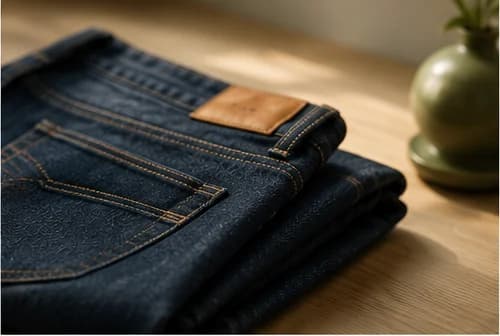 Sauber gefaltete dunkle Jeans auf hellem Holz